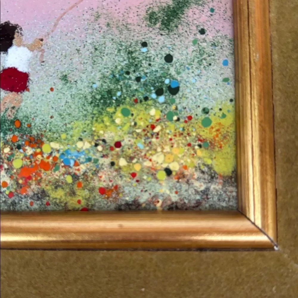 VNT LOUIS CARDIN SIGNED ENAMEL ON COPPER FRAMED PAINTING GIRL WITH RED BALLOON